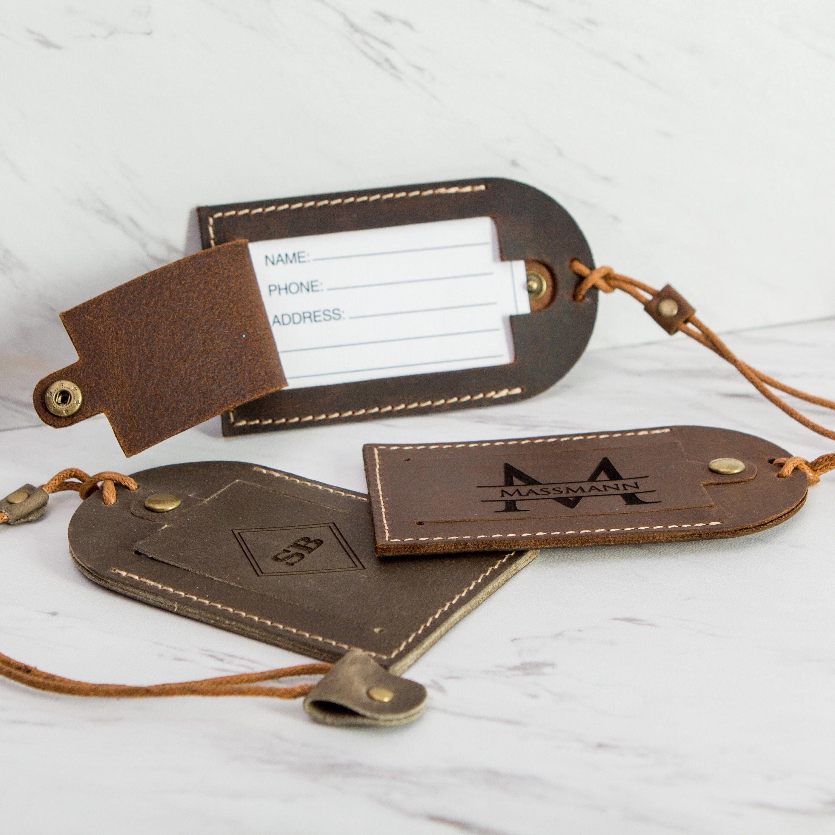 Leather luggage tag with contact info card - custom engraved travel bag name gift for birthday anniversary, gift for her, gift for him