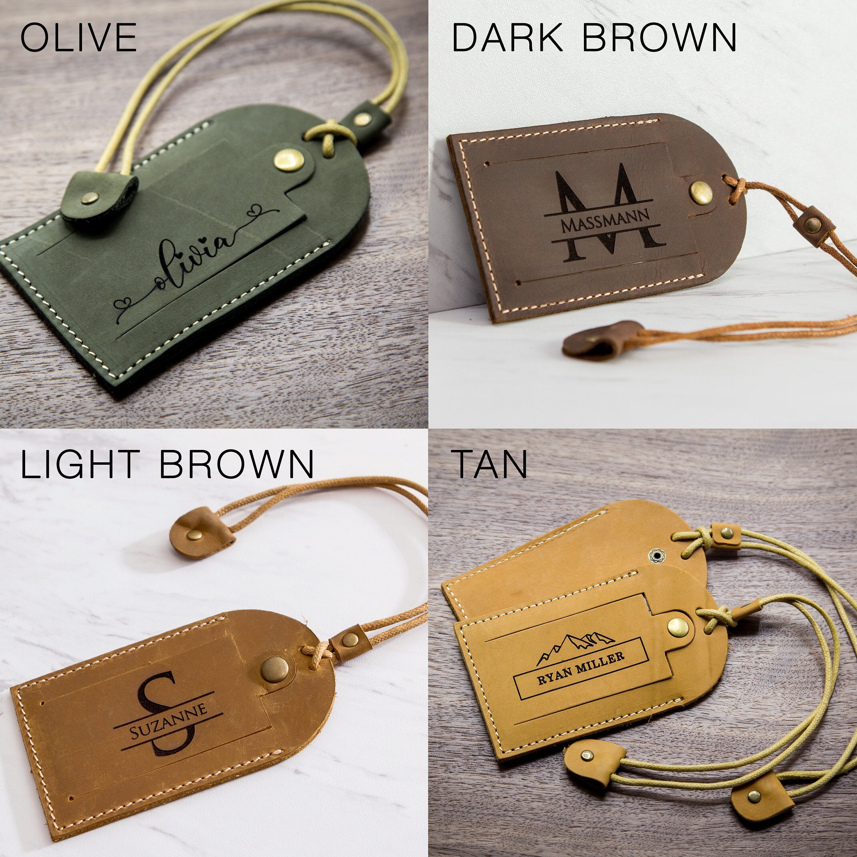 Leather luggage tag with contact info card - custom engraved travel bag name gift for birthday anniversary, gift for her, gift for him