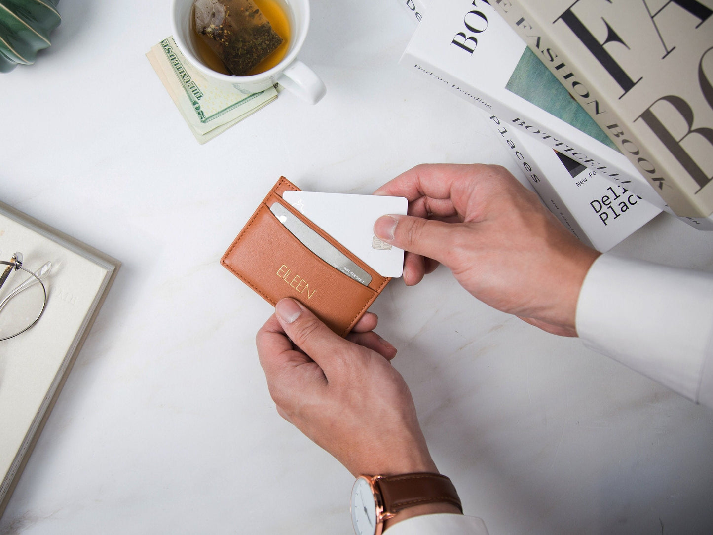 Embossed Leather card holder - custom monogram name initials slim money id wallet, 3rd anniversary gifts for him her, mom dad gift ideas