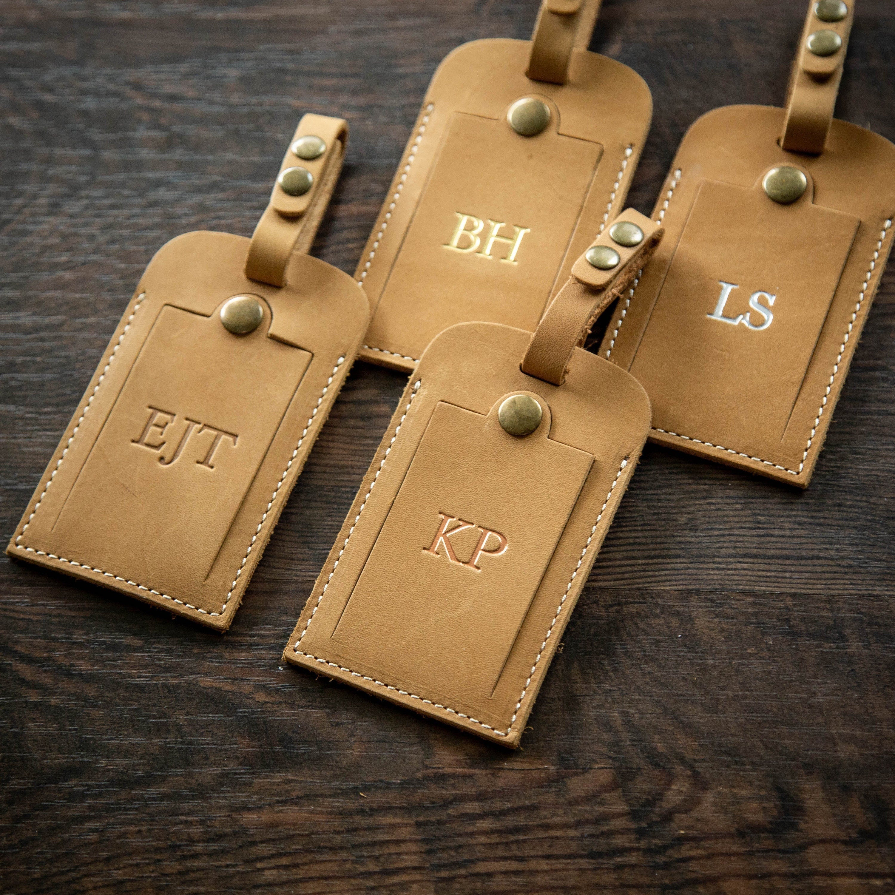 Embossed tan luggage tag w/ buckle loop & name card - travel tag, wedding engagement 3rd leather anniversary honeymoon gift, weekend trips