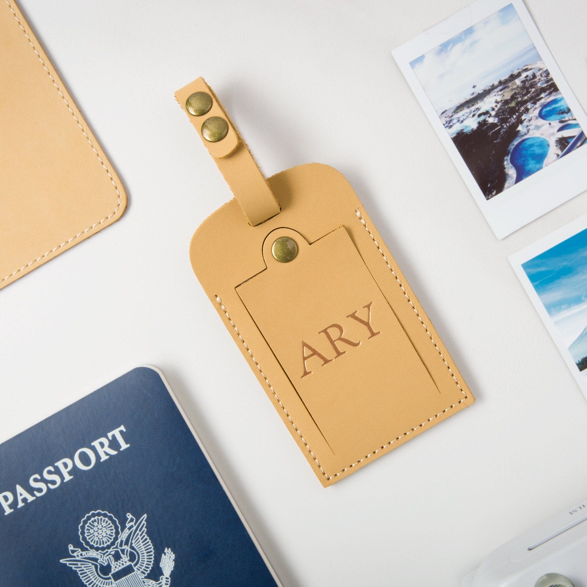 Embossed tan luggage tag w/ buckle loop & name card - travel tag, wedding engagement 3rd leather anniversary honeymoon gift, weekend trips