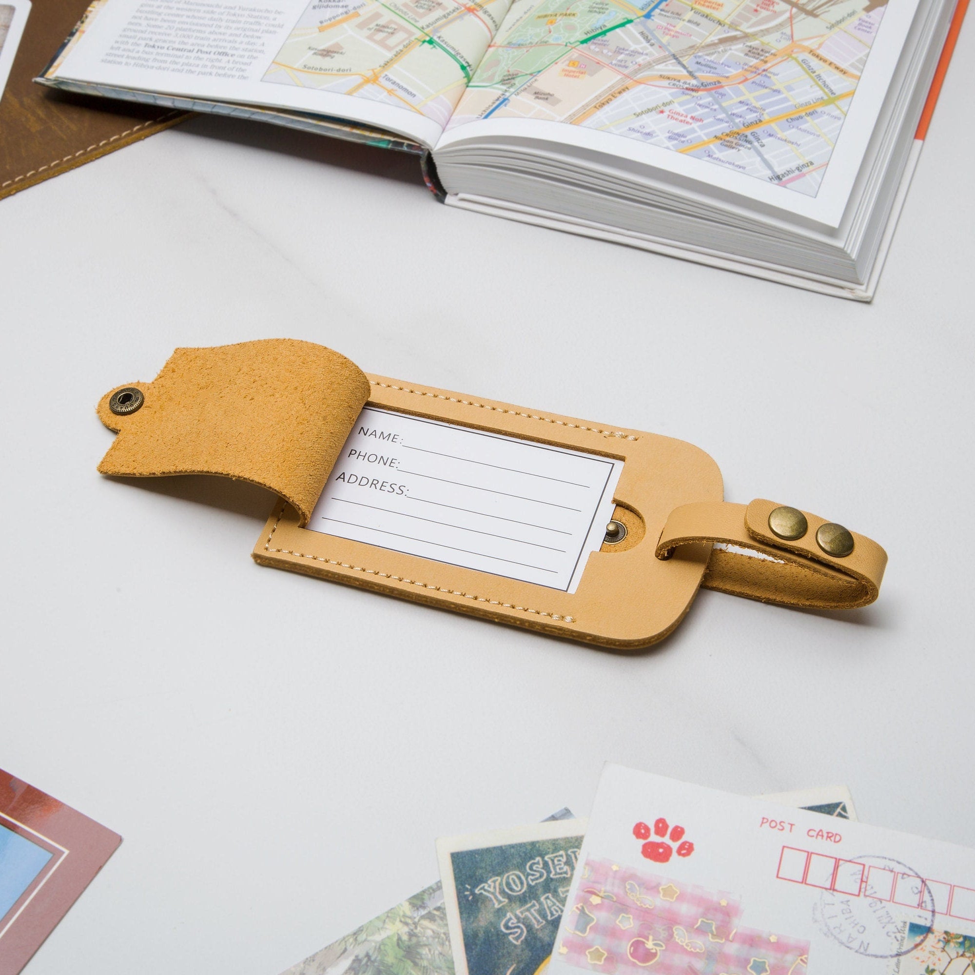 Embossed tan luggage tag w/ buckle loop & name card - travel tag, wedding engagement 3rd leather anniversary honeymoon gift, weekend trips