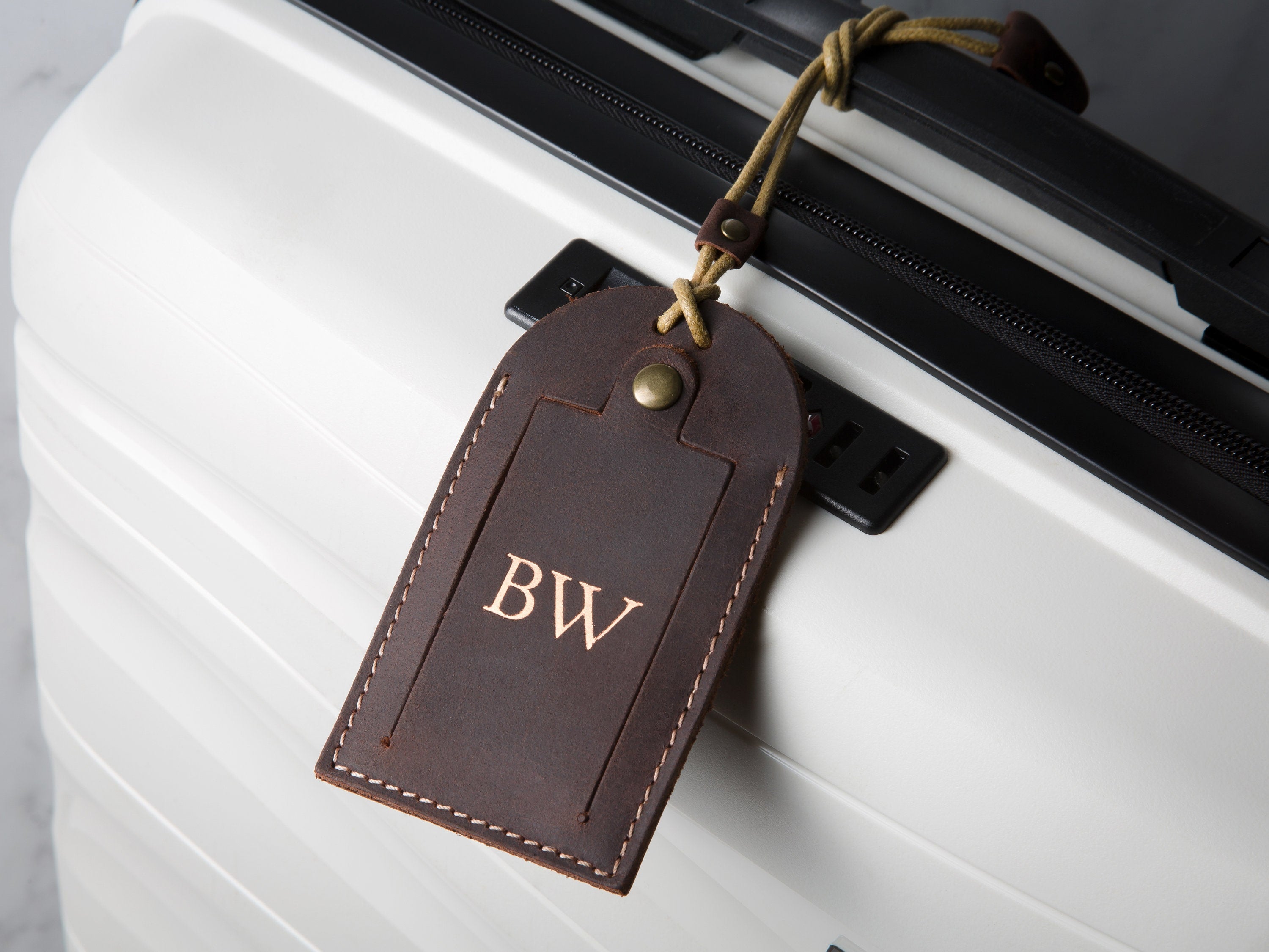 Embossed leather luggage tag w/ contact card - Custom foil name travel bag tag, Personalized gift for her, wife, mom, gift for traveler