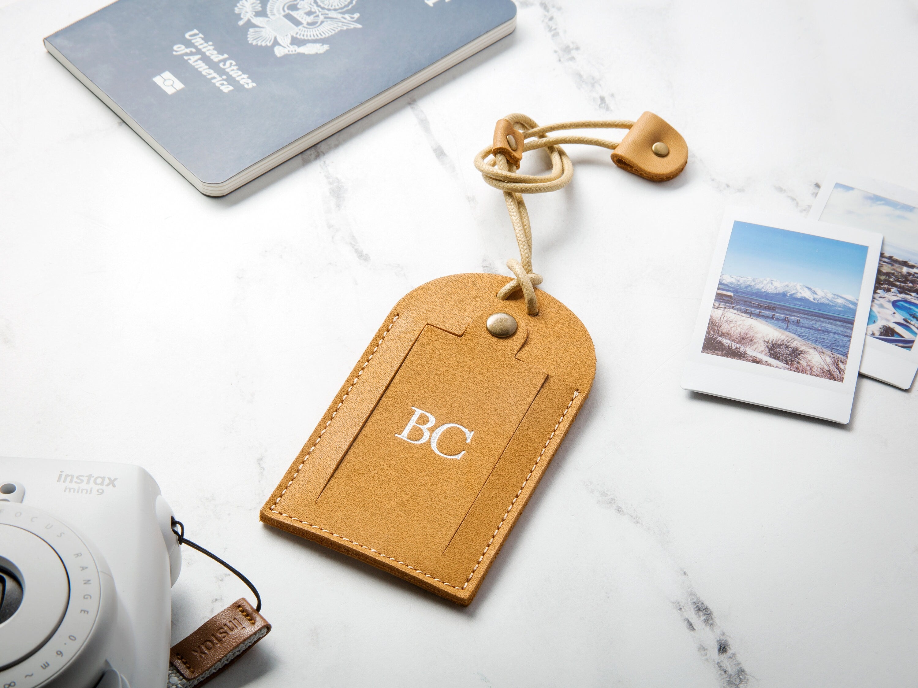 Embossed leather luggage tag w/ contact card - Custom foil name travel bag tag, Personalized gift for her, wife, mom, gift for traveler