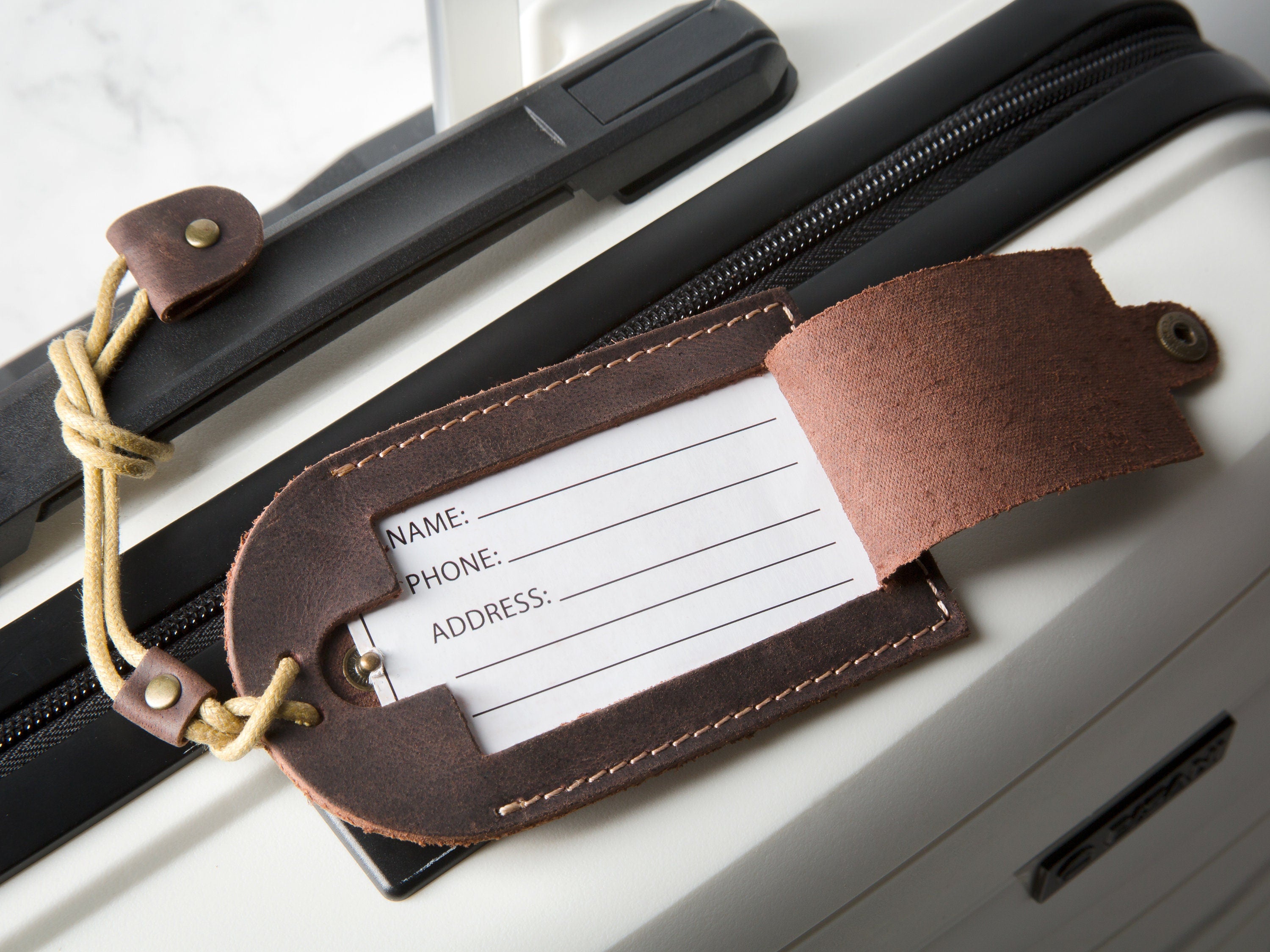 Leather luggage tag with contact info card - custom engraved travel bag name gift for birthday anniversary, gift for her, gift for him