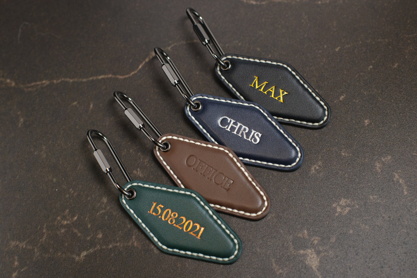 Embossed Diamond Leather Keychains (Name) - Modern Leather Keychain Fob, Custom Gift for New Driver, Student Car Key Holder, Back to School