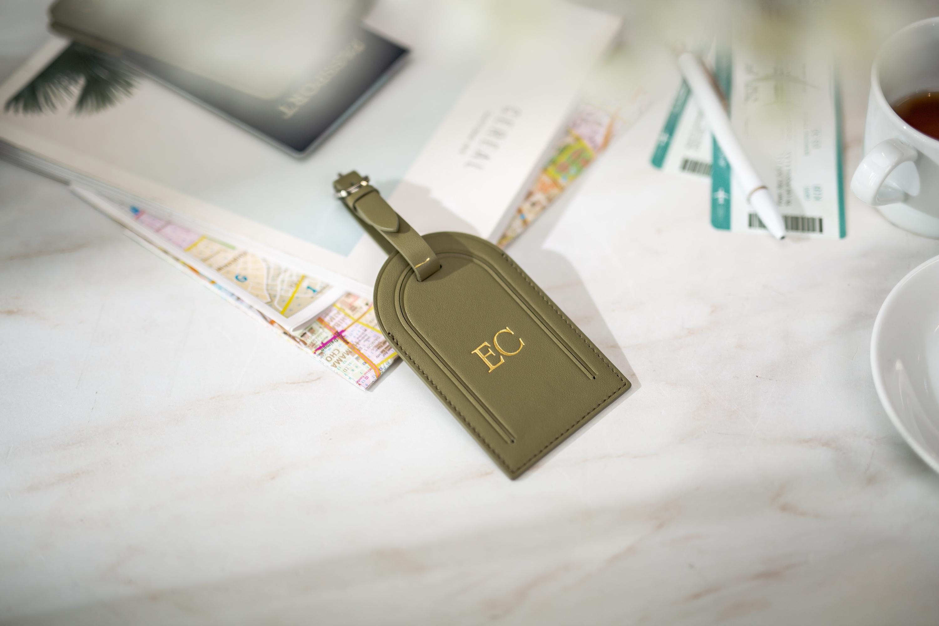 Embossed Monogram Luggage Tag (Matcha) - Custom personalized suitcase tag, Travel, Bag name tags, birthday destination wedding gift