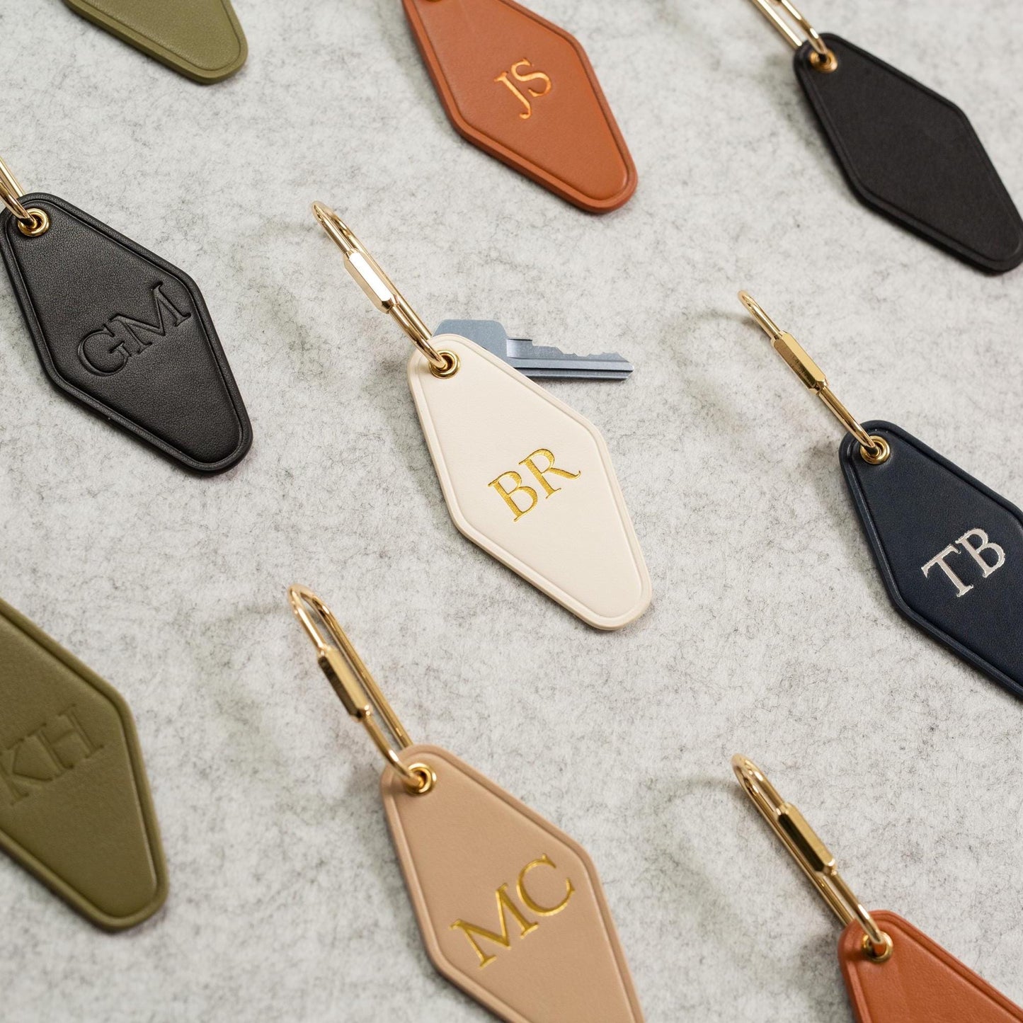 Embossed diamond leather keychain (initials) - modern key rings, custom monogrammed vintage style personalized key chain gift, weekend trips