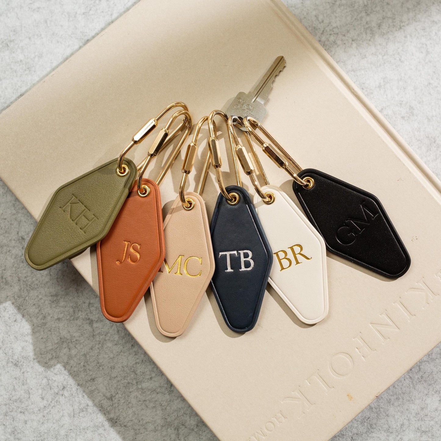 Embossed diamond leather keychain (initials) - modern key rings, custom monogrammed vintage style personalized key chain gift, weekend trips