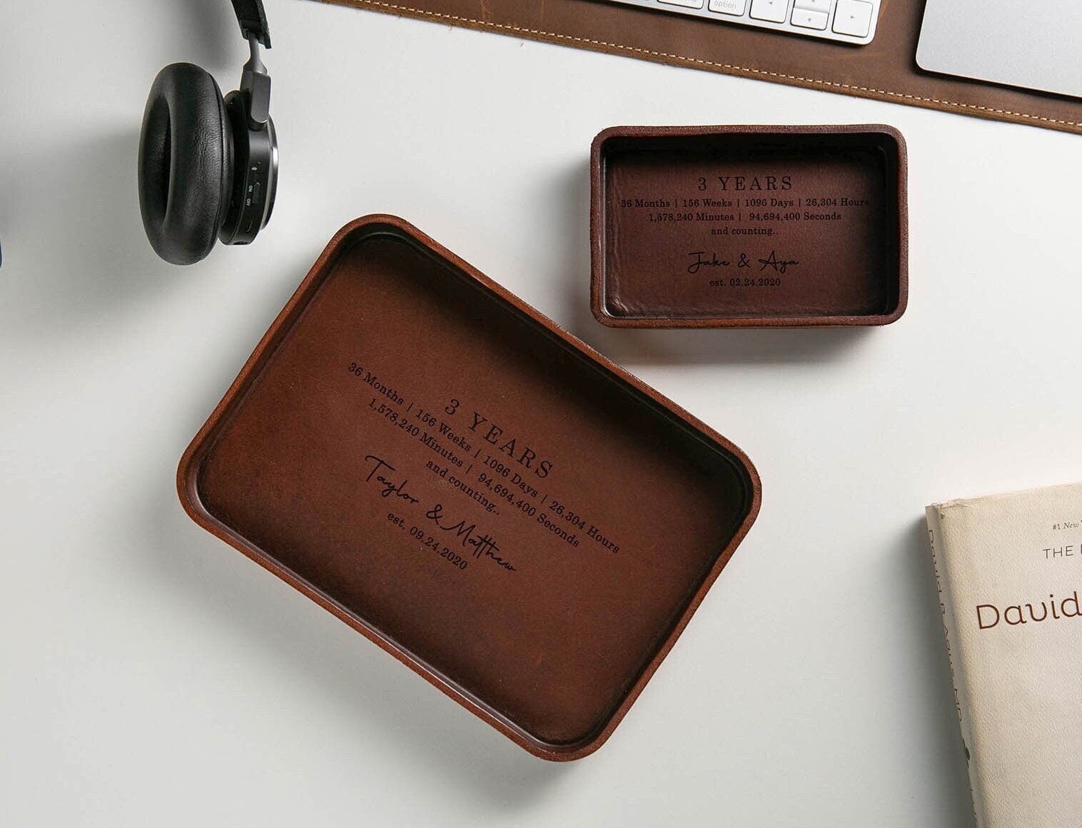 Vegetable tanned hard leather valet (design 4) - custom engraved tray, personalized leather gift, 3 year anniversary boyfriend husband dad