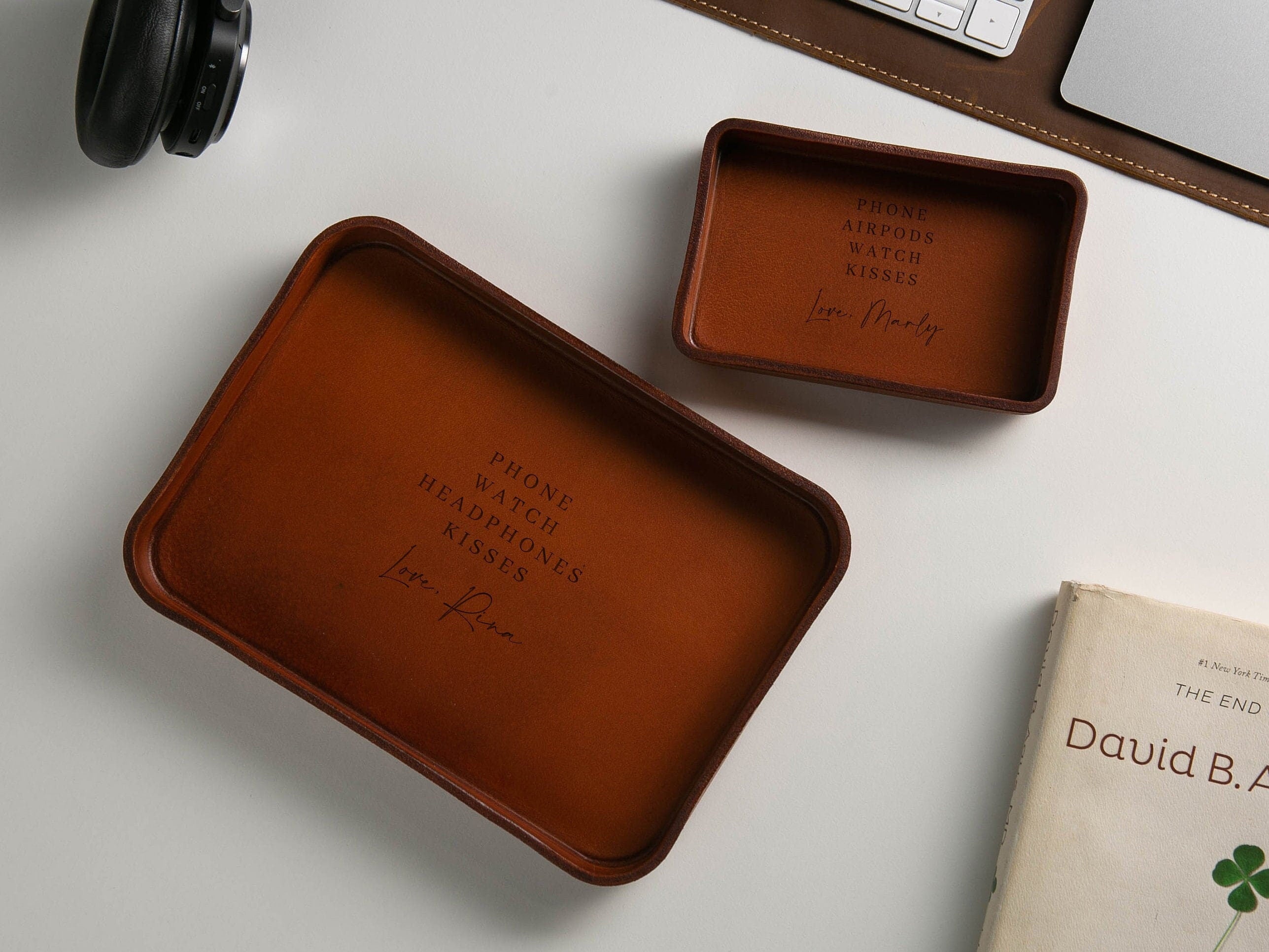 Vegetable Tanned Hard Leather Valet (design 6) - Personalized Catchall Tray, Anniversary Gift for Him, Gift for Dad, Nightstand Organizer