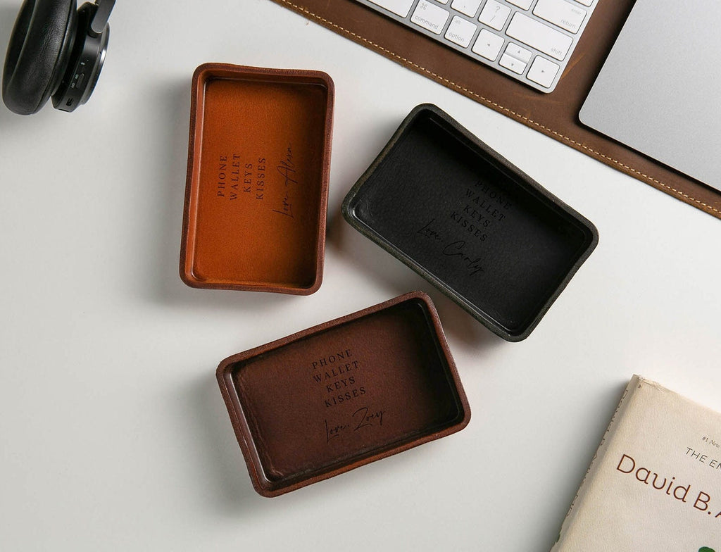 Vegetable Tanned Hard Leather Valet (design 6) - Personalized Catchall Tray, Anniversary Gift for Him, Gift for Dad, Nightstand Organizer