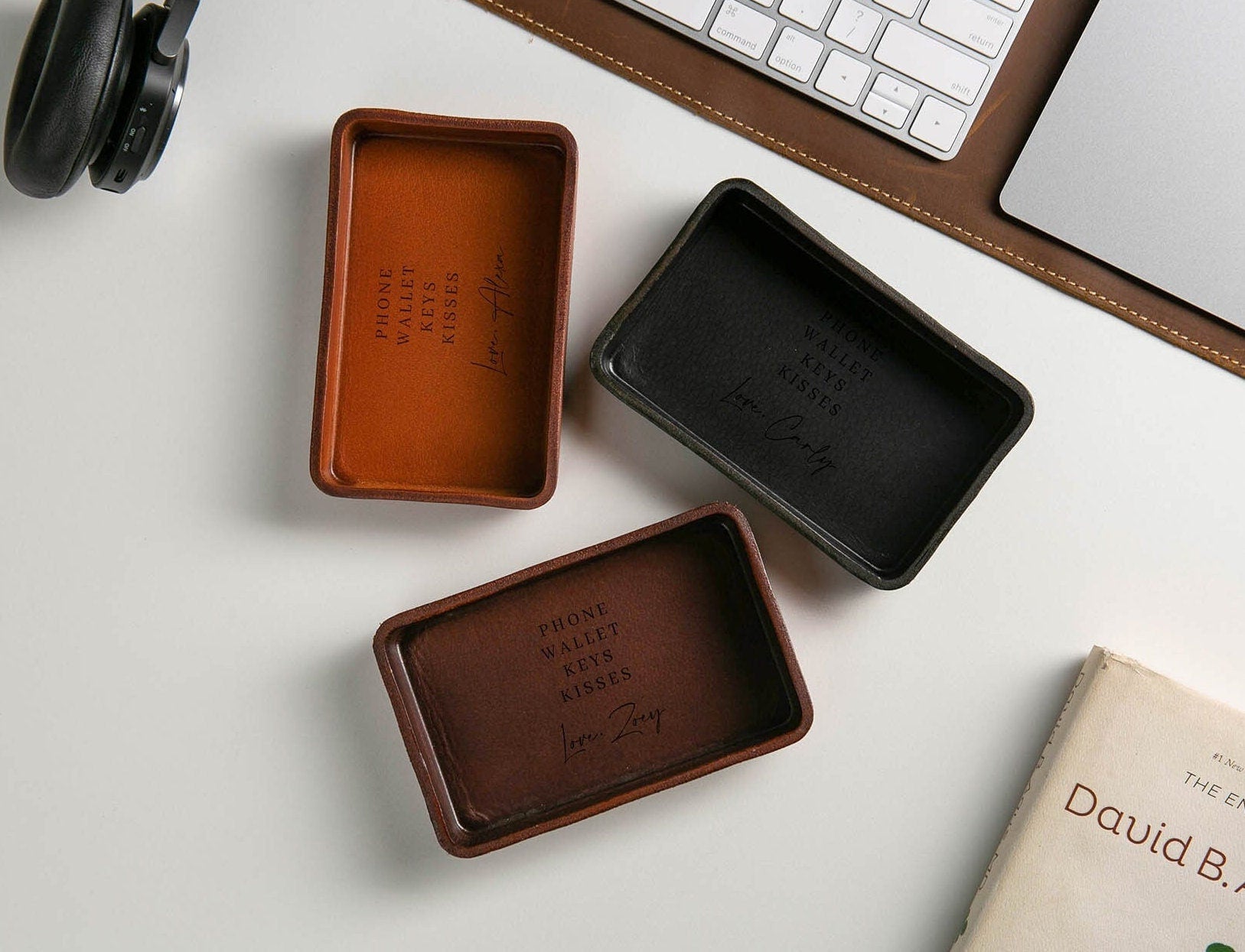 Vegetable Tanned Hard Leather Valet (design 6) - Personalized Catchall Tray, Anniversary Gift for Him, Gift for Dad, Nightstand Organizer