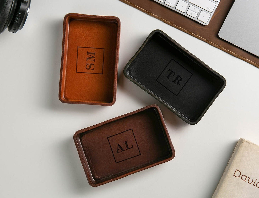 Vegetable tanned hard leather valet (design 7) - engraved monogram edc tray for men groomsmen dad husband boyfriend gift for wedding
