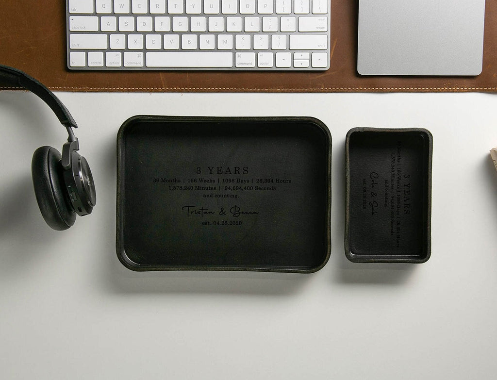 Vegetable tanned hard leather valet (design 4) - custom engraved tray, personalized leather gift, 3 year anniversary boyfriend husband dad