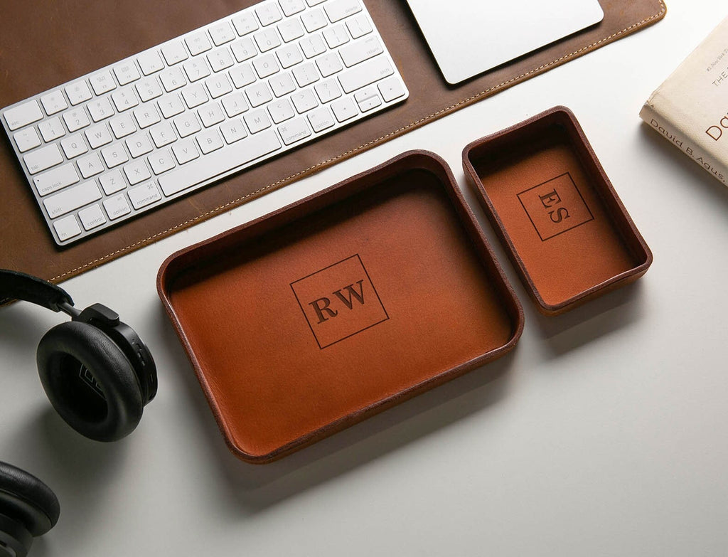 Vegetable tanned hard leather valet (design 7) - engraved monogram edc tray for men groomsmen dad husband boyfriend gift for wedding