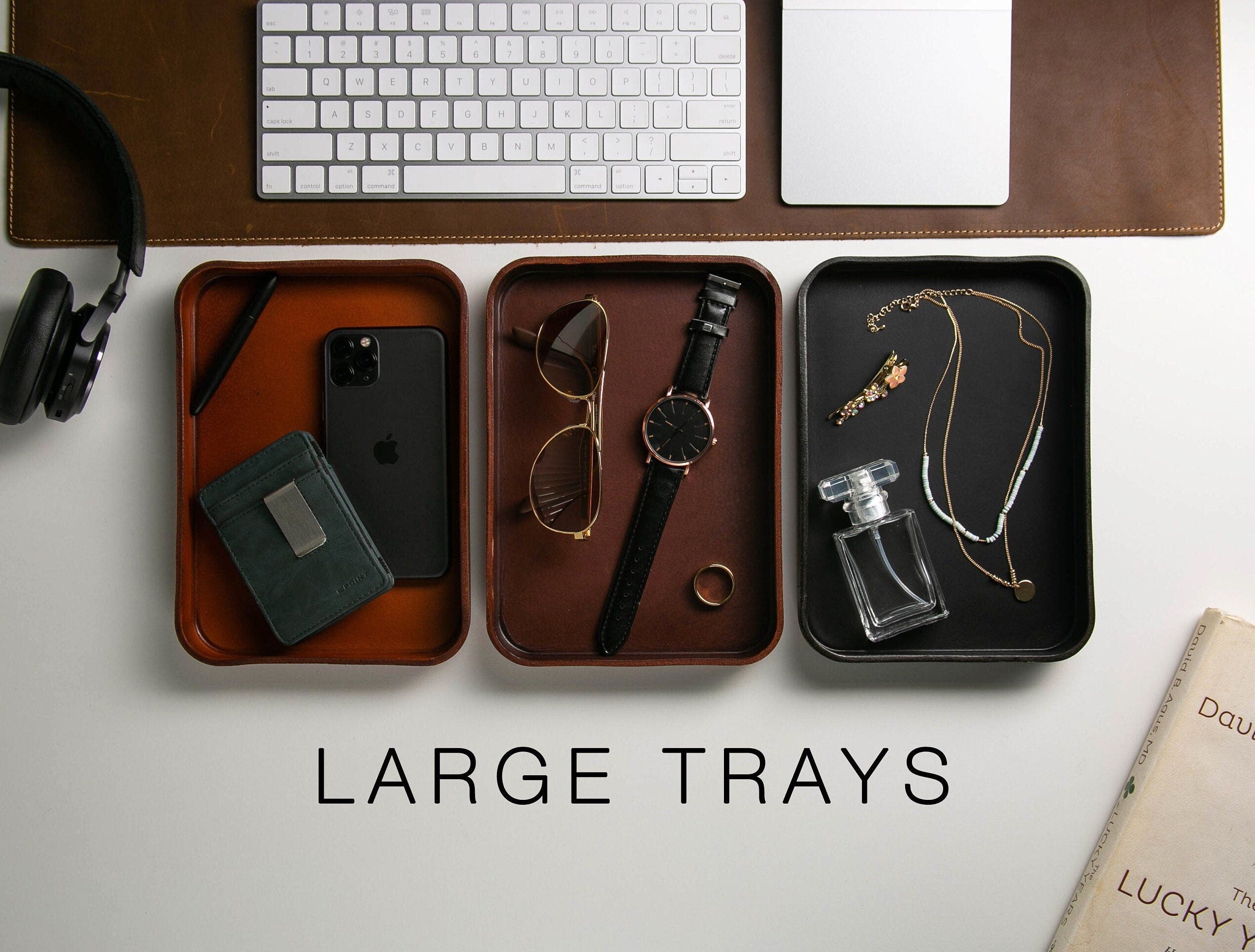 Vegetable Tanned Hard Leather Valet (design 6) - Personalized Catchall Tray, Anniversary Gift for Him, Gift for Dad, Nightstand Organizer