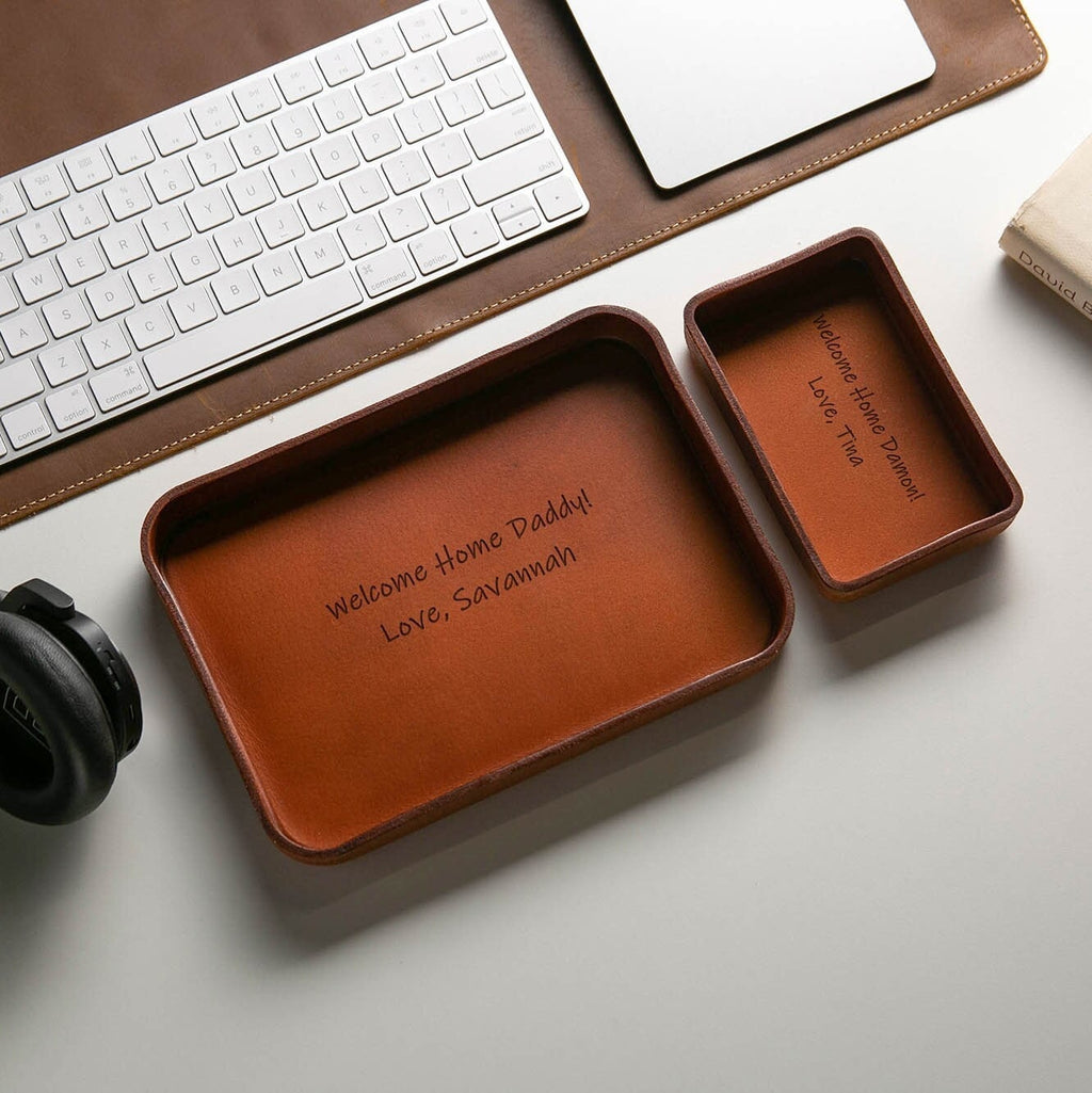 Vegetable tanned hard leather valet (design 3) - message engraving catchall tray for dad husband boyfriend son brother gift, dorm decor