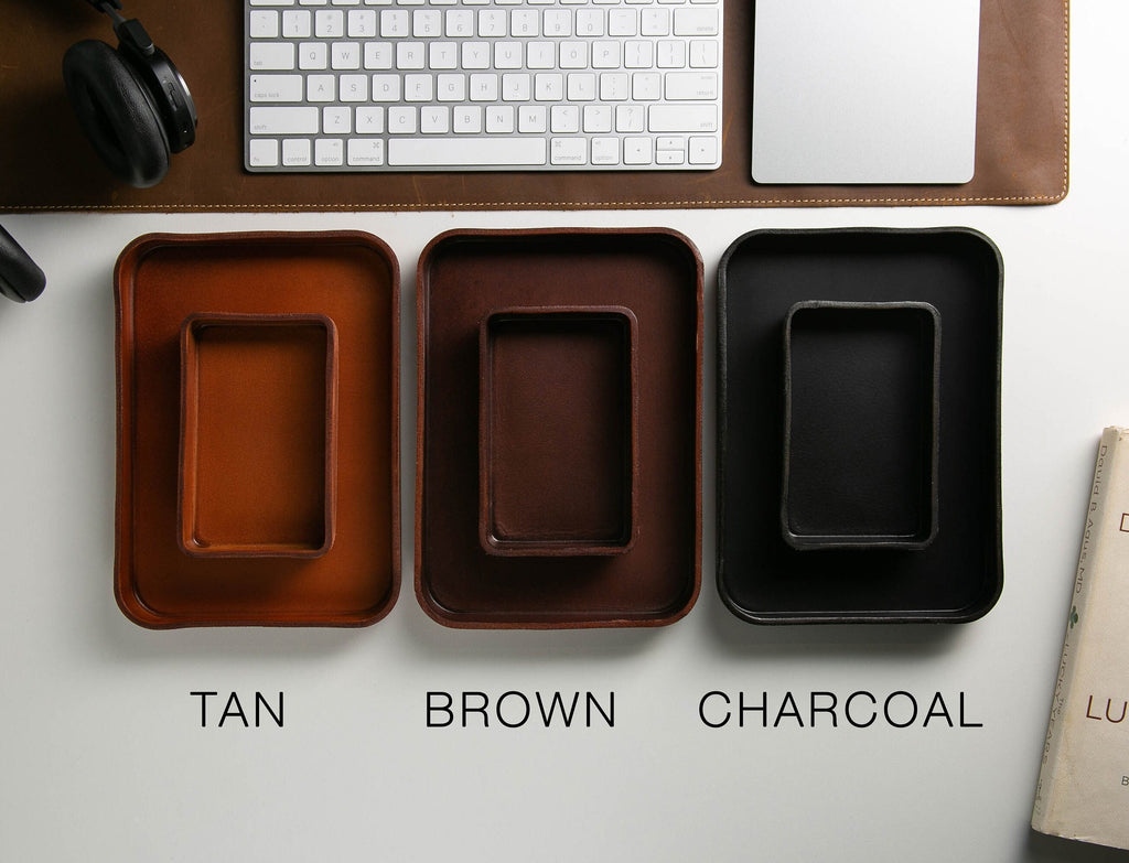 Vegetable Tanned Hard Leather Valet (design 6) - Personalized Catchall Tray, Anniversary Gift for Him, Gift for Dad, Nightstand Organizer