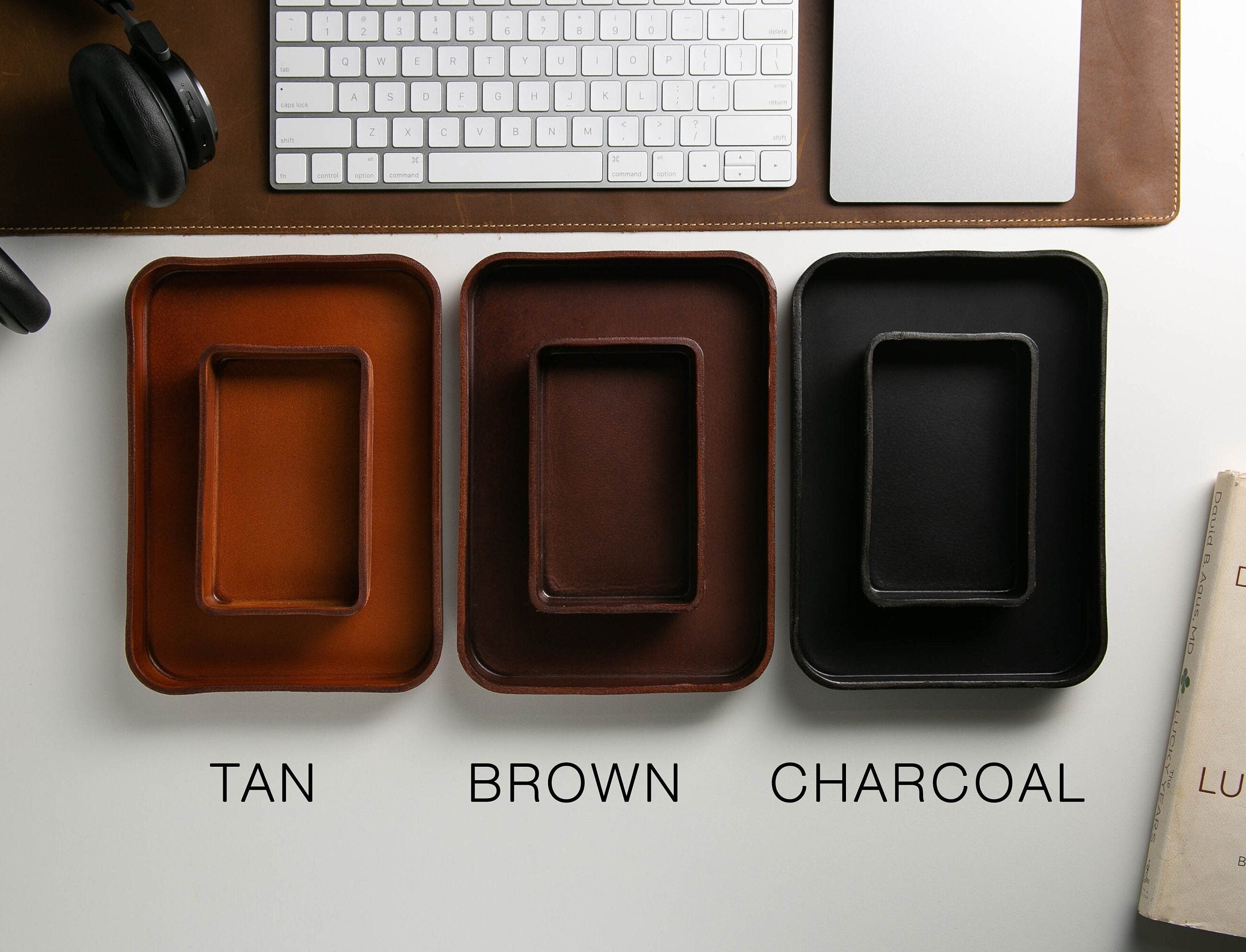 Vegetable Tanned Hard Leather Valet (design 6) - Personalized Catchall Tray, Anniversary Gift for Him, Gift for Dad, Nightstand Organizer