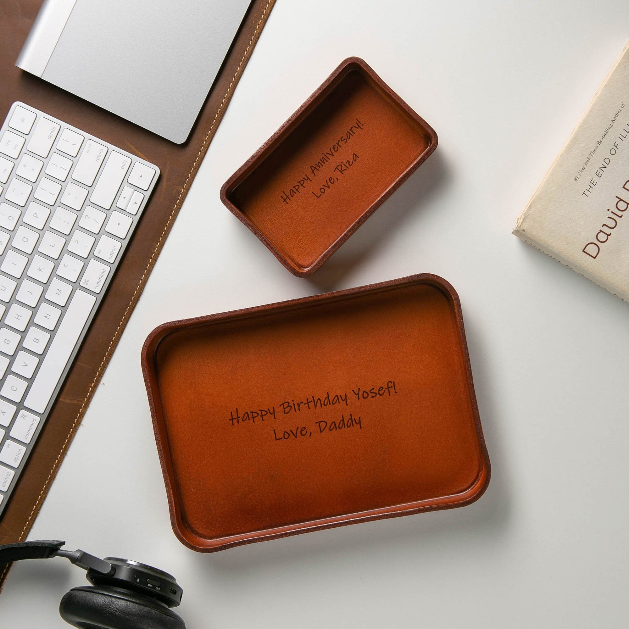 Vegetable tanned hard leather valet (design 3) - message engraving catchall tray for dad husband boyfriend son brother gift, dorm decor