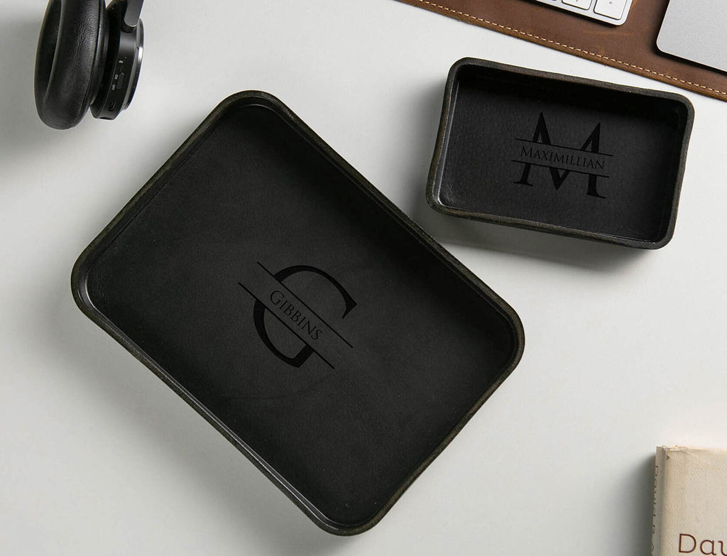 Vegetable tanned hard leather valet (design 1) - 3 year anniversary custom husband wife couple gifts for him catchall storage for desk