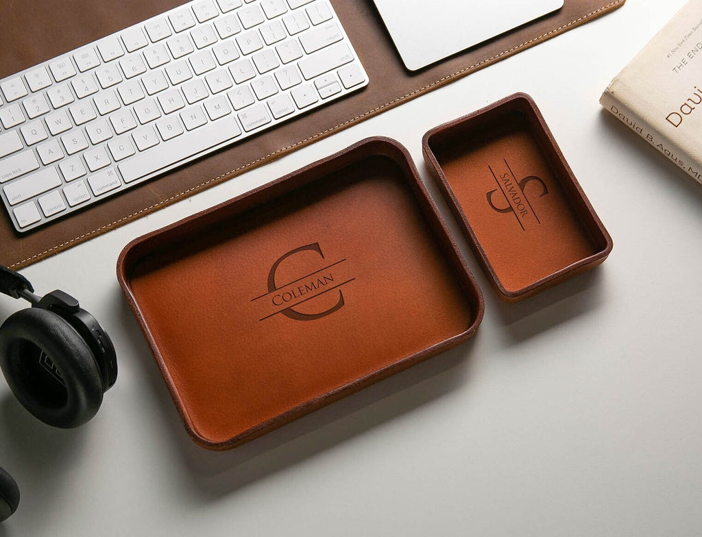 Vegetable tanned hard leather valet (design 1) - 3 year anniversary custom husband wife couple gifts for him catchall storage for desk