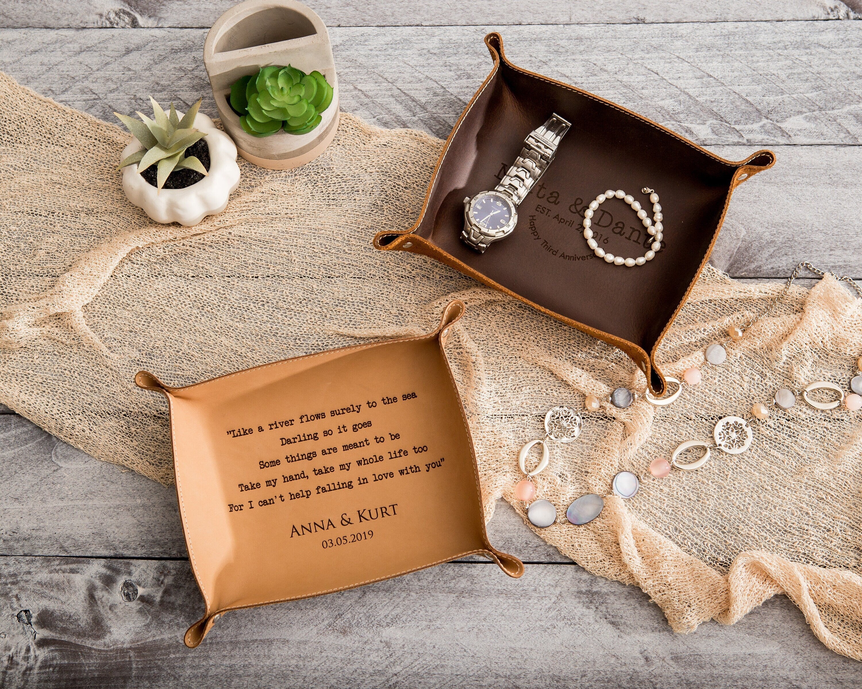 Engraved anniversary leather valet tray - desk side table key or ring tray catchall, wedding or engagement gift for couples, message gift