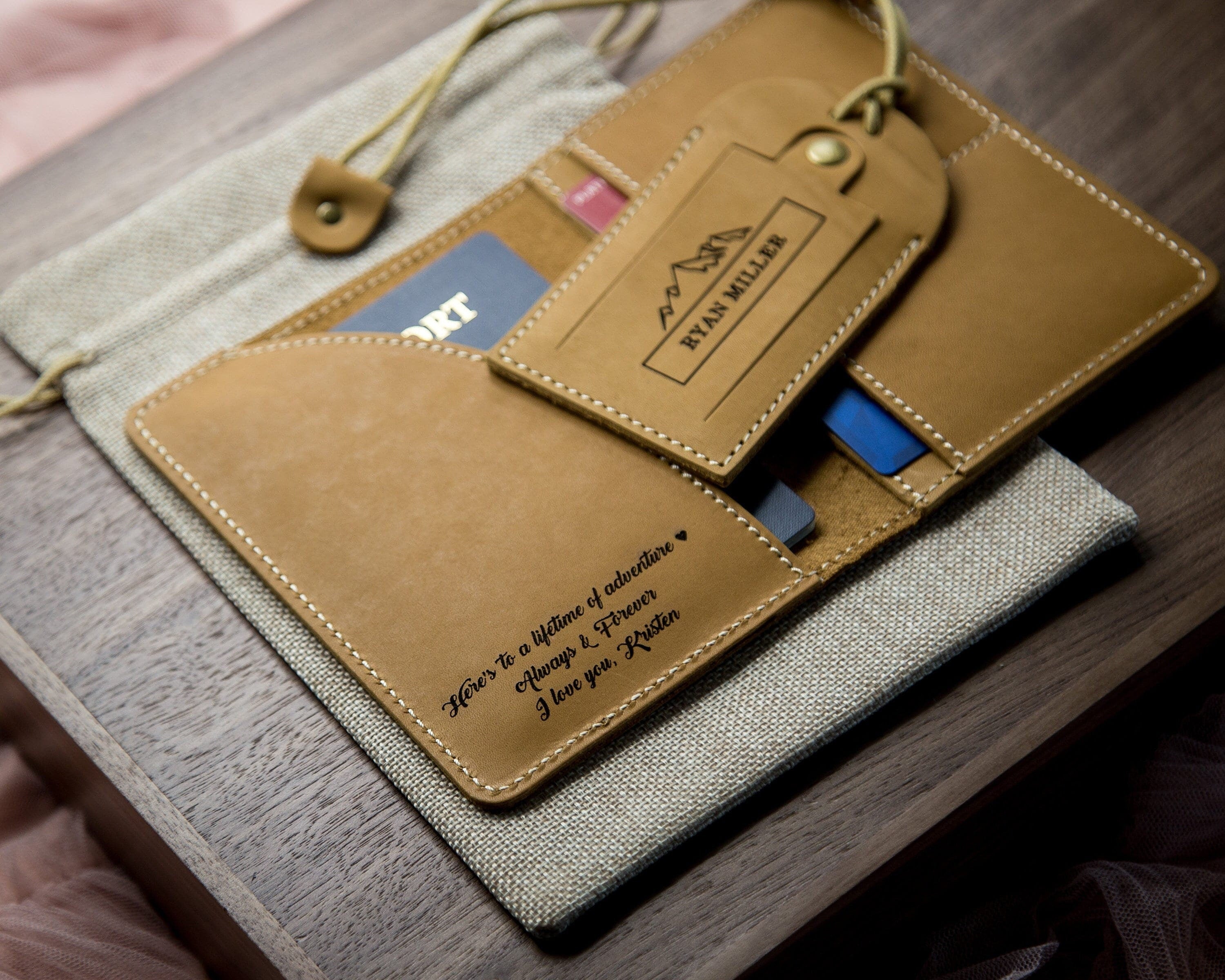 Engraved leather passport holder & luggage tag set - custom passport cover, 3rd wedding anniversary honeymoon, destination wedding suitcase