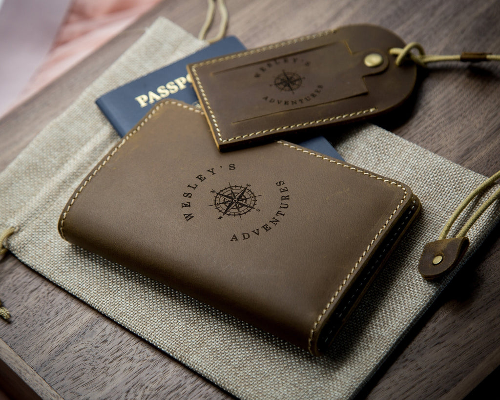 Engraved leather passport holder & luggage tag set - custom passport cover, 3rd wedding anniversary honeymoon, destination wedding suitcase