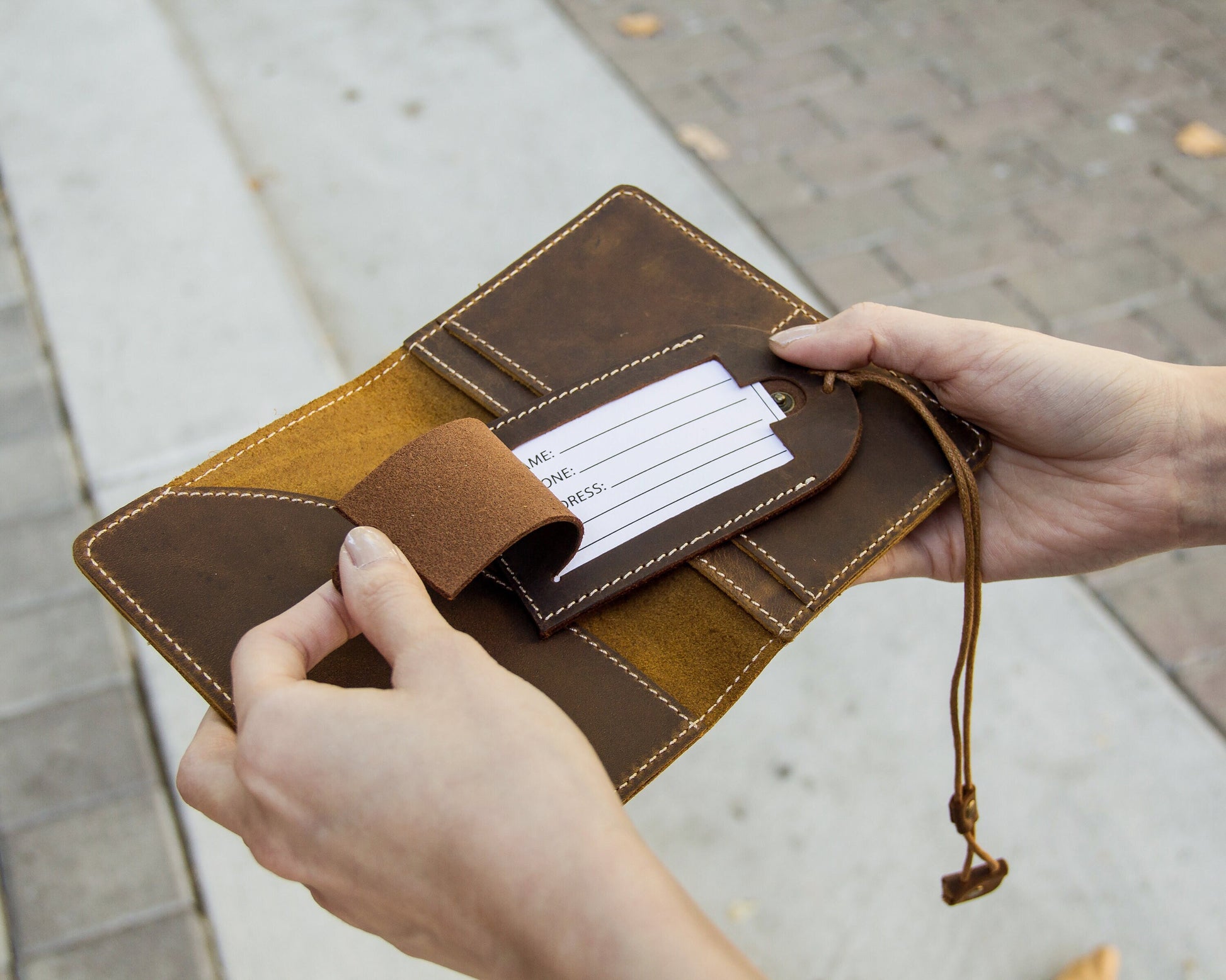 Engraved leather passport holder & luggage tag set - custom passport cover, 3rd wedding anniversary honeymoon, destination wedding suitcase