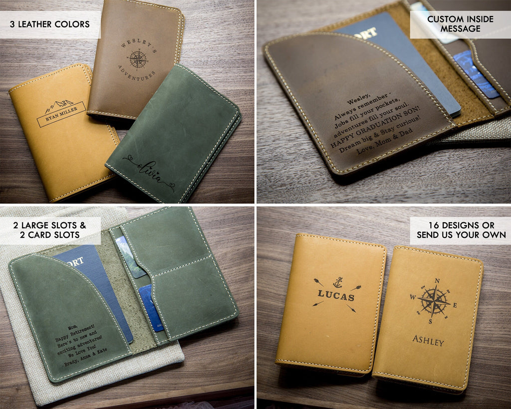 Engraved leather passport holder & luggage tag set - custom passport cover, 3rd wedding anniversary honeymoon, destination wedding suitcase