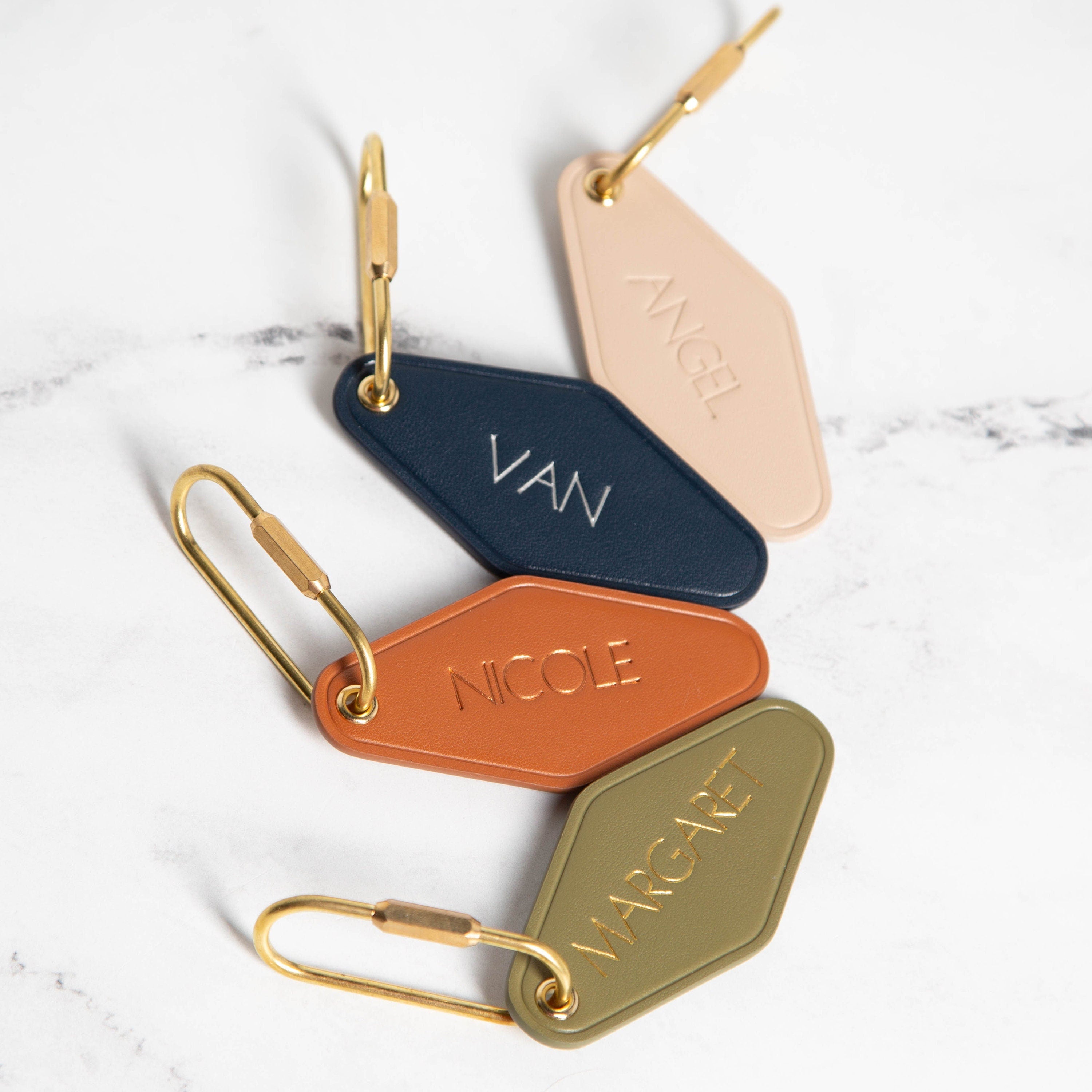 Embossed diamond leather keychain (name) - modern luxury key chain fob, travel luggage bag tag, vintage style hotel motel office keys ring