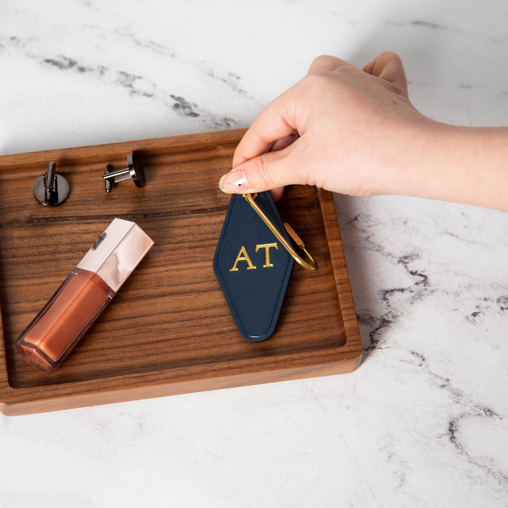 Embossed diamond leather keychain (initials) - modern luxury key chain fob, travel luggage bag tag, gift for mom, gift for wife, unique gift