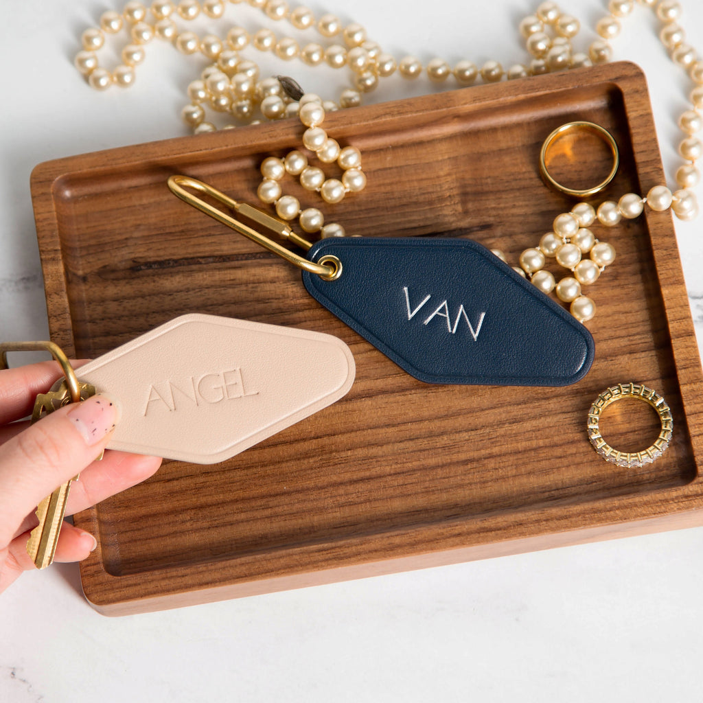 Embossed Name diamond leather keychain w/ tassel - modern luxury key chain fob, travel luggage bag tag, vintage style motel office keys ring