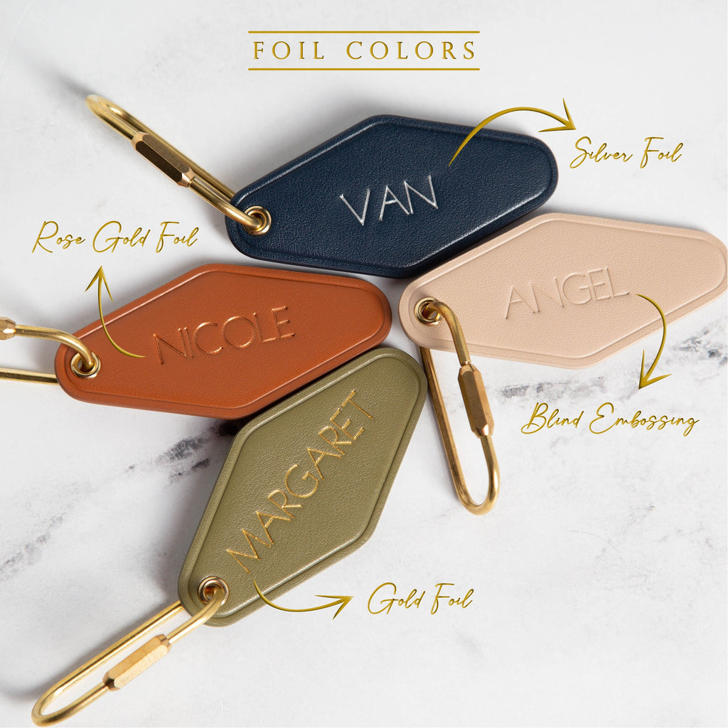 Embossed diamond leather keychain (name) - modern luxury key chain fob, travel luggage bag tag, vintage style hotel motel office keys ring