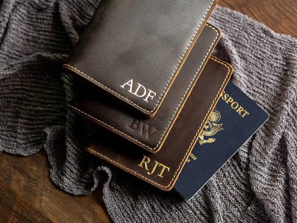 Embossed passport holder (coffee color) - custom leather travel wallet cover, custom initials for her, wife, personalized mom dad gift