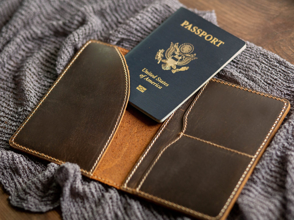 Embossed passport holder (coffee color) - custom leather travel wallet cover, custom initials for her, wife, personalized mom dad gift