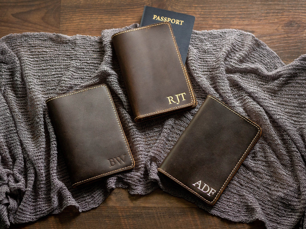 Embossed passport holder (coffee color) - custom leather travel wallet cover, custom initials for her, wife, personalized mom dad gift
