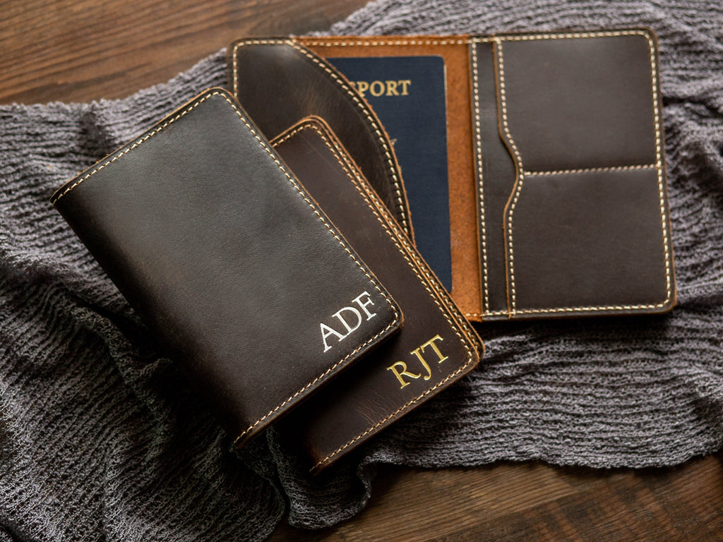 Embossed passport holder (coffee color) - custom leather travel wallet cover, custom initials for her, wife, personalized mom dad gift