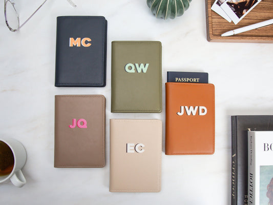 Personalized leather passport cover - custom monogram name travel wallet, 3rd leather anniversary gift husband wife, bff, bride bachelorette