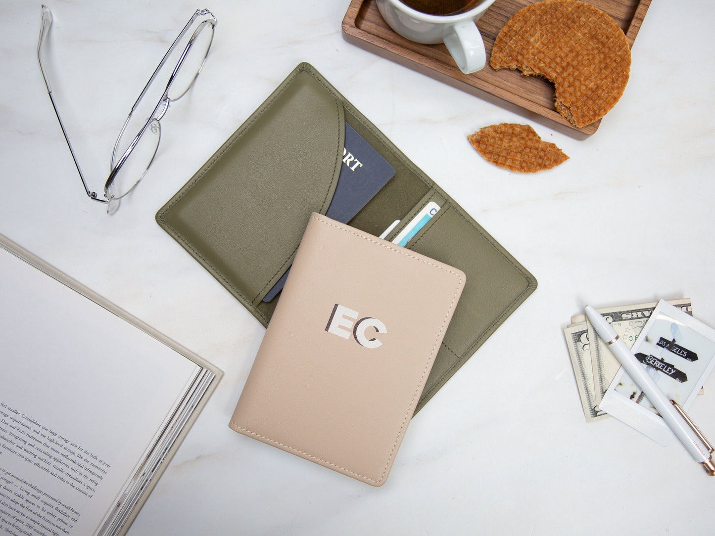 Personalized leather passport cover - custom monogram name travel wallet, 3rd leather anniversary gift husband wife, bff, bride bachelorette