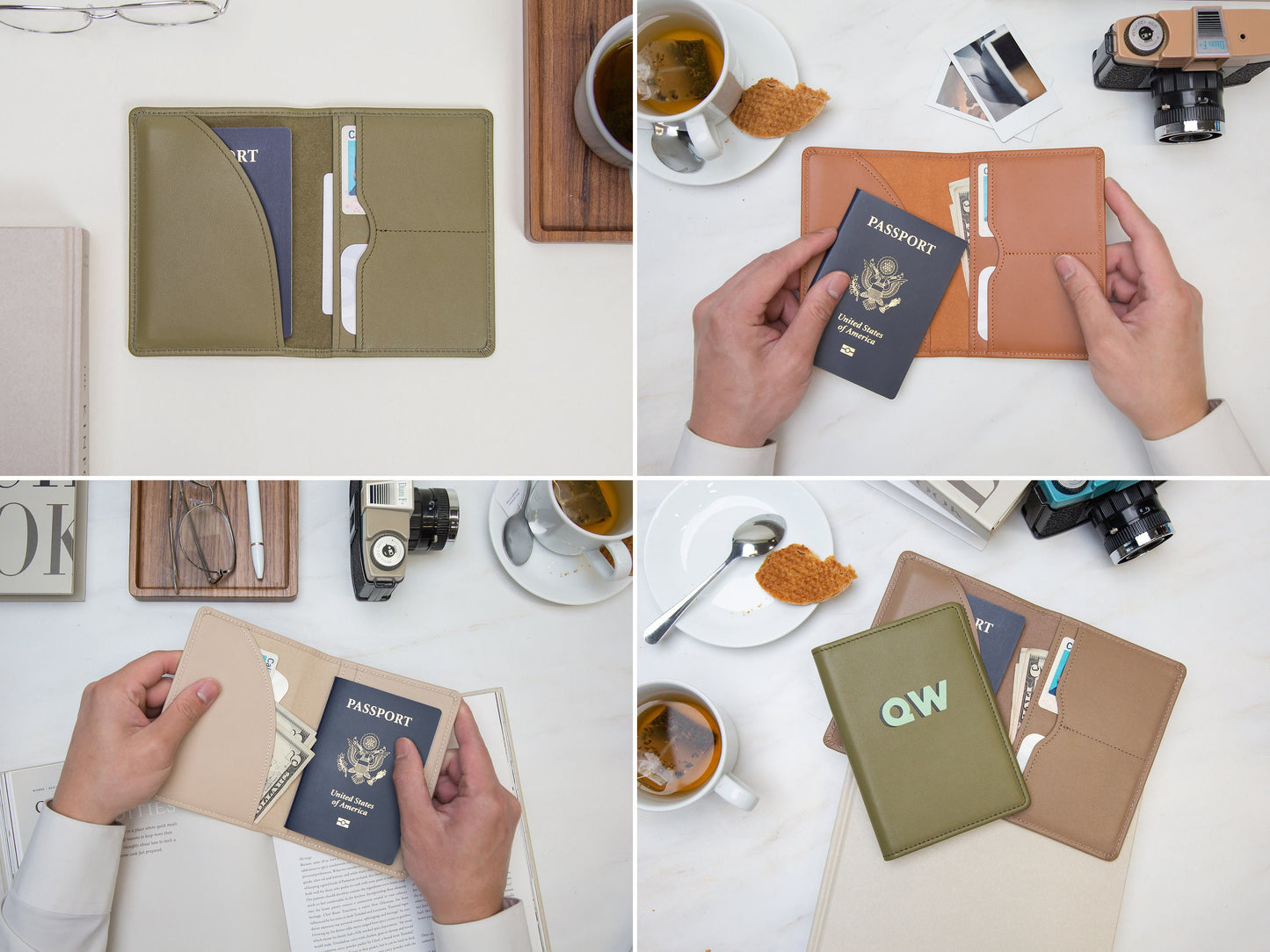 Personalized leather passport cover - custom monogram name travel wallet, 3rd leather anniversary gift husband wife, bff, bride bachelorette