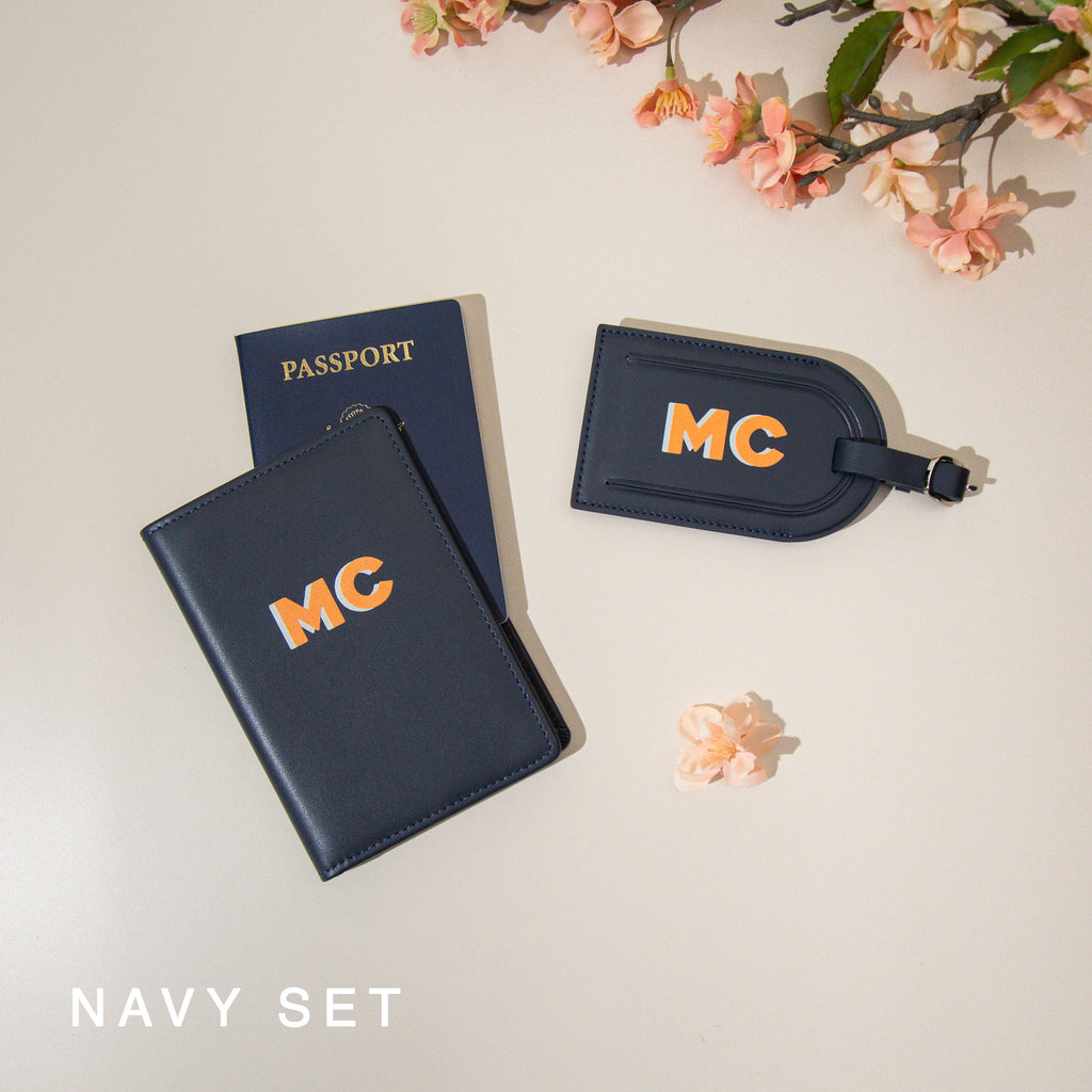 Personalized passport holder & luggage tag set - custom initials travel card wallet, gift for best friend, girlfriend, honeymoon gift ideas