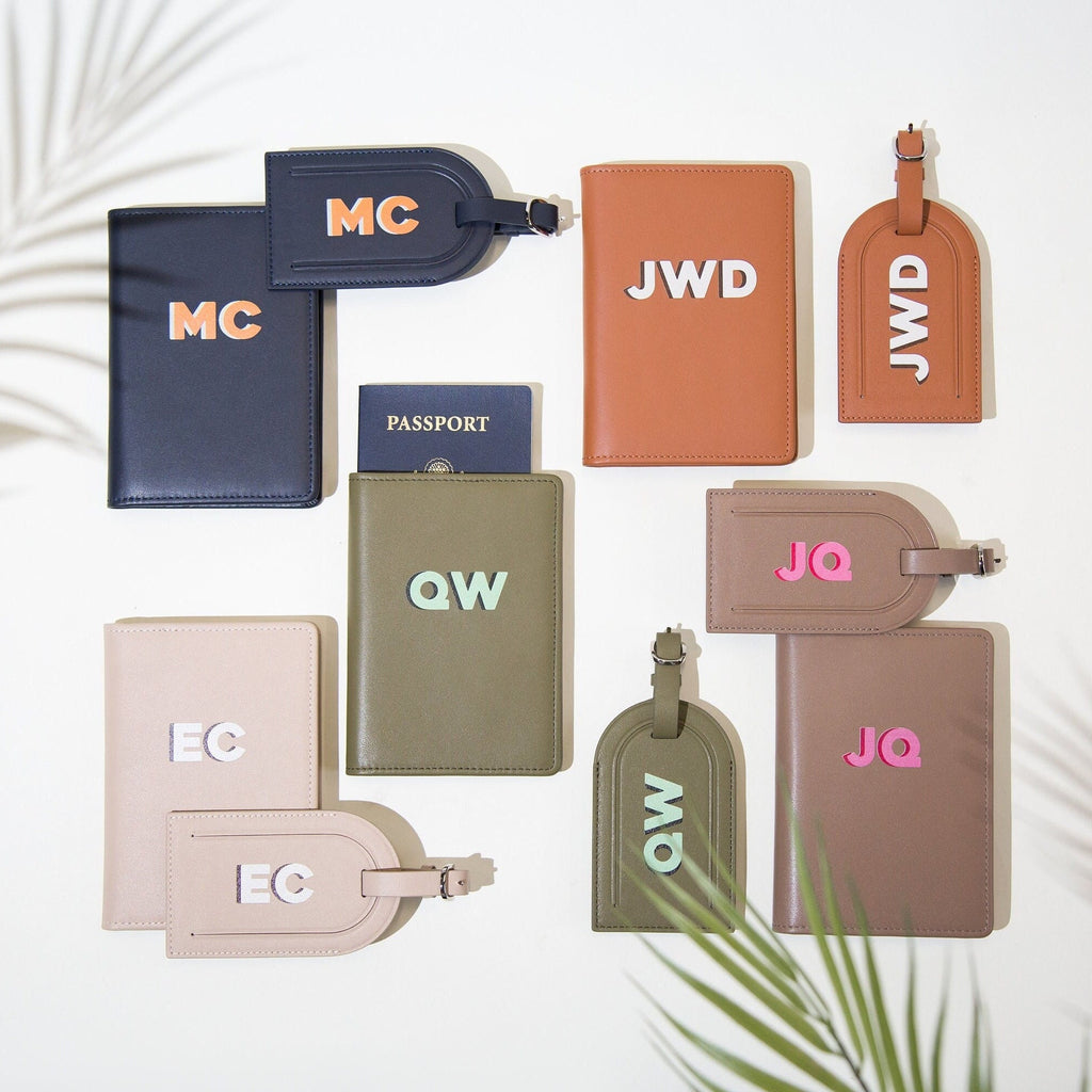 Personalized passport holder & luggage tag set - custom initials travel card wallet, gift for best friend, girlfriend, honeymoon gift ideas