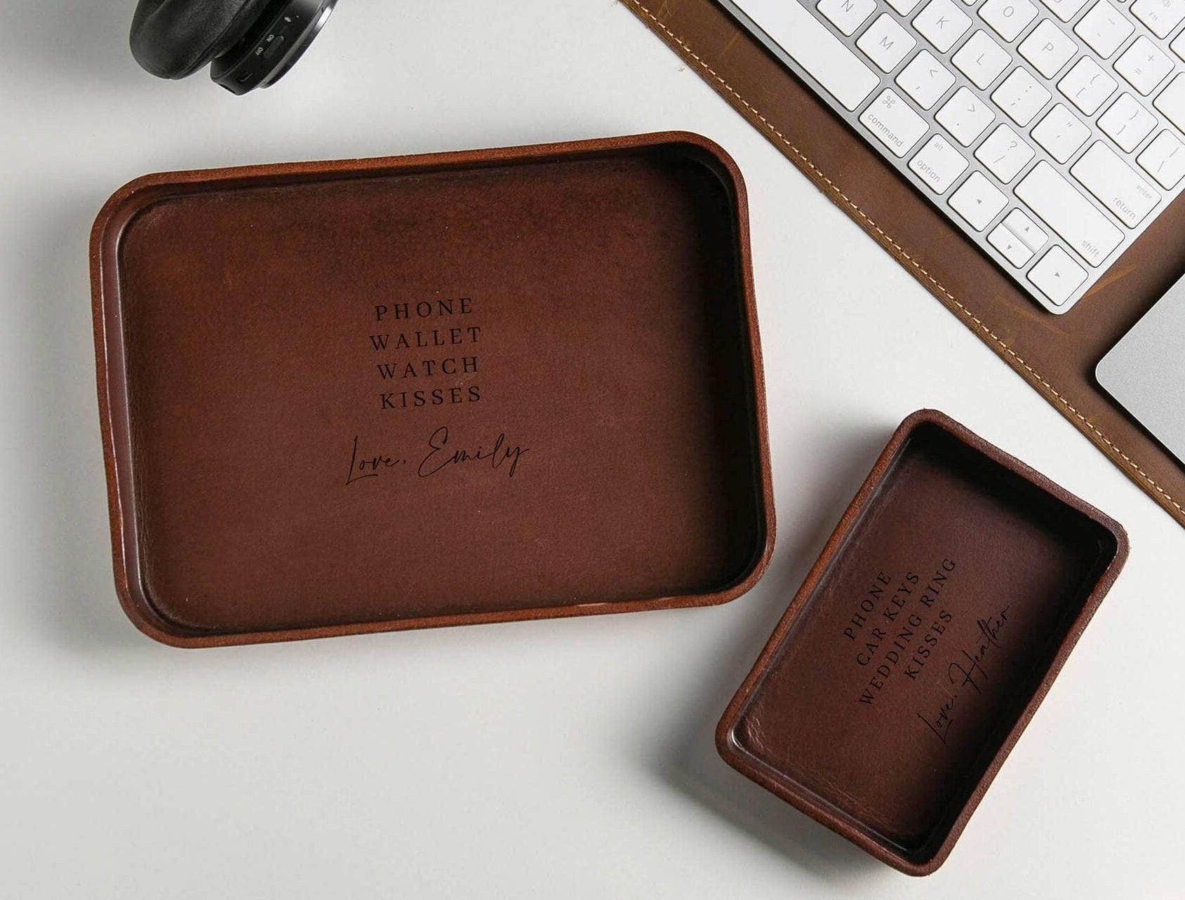 Vegetable Tanned Hard Leather Valet (design 6) - Personalized Catchall Tray, Anniversary Gift for Him, Gift for Dad, Nightstand Organizer