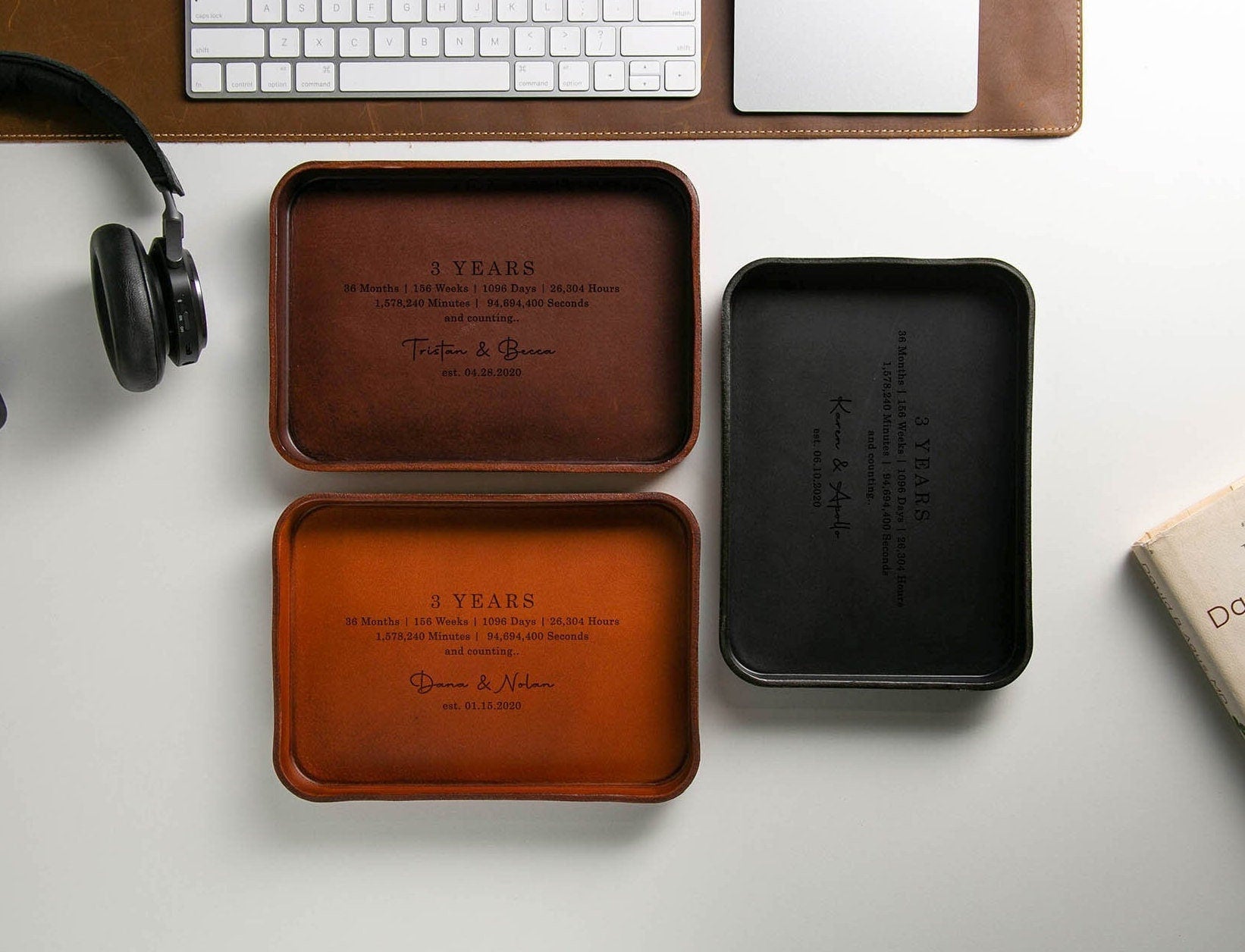Vegetable tanned hard leather valet (design 4) - custom engraved tray, personalized leather gift, 3 year anniversary boyfriend husband dad