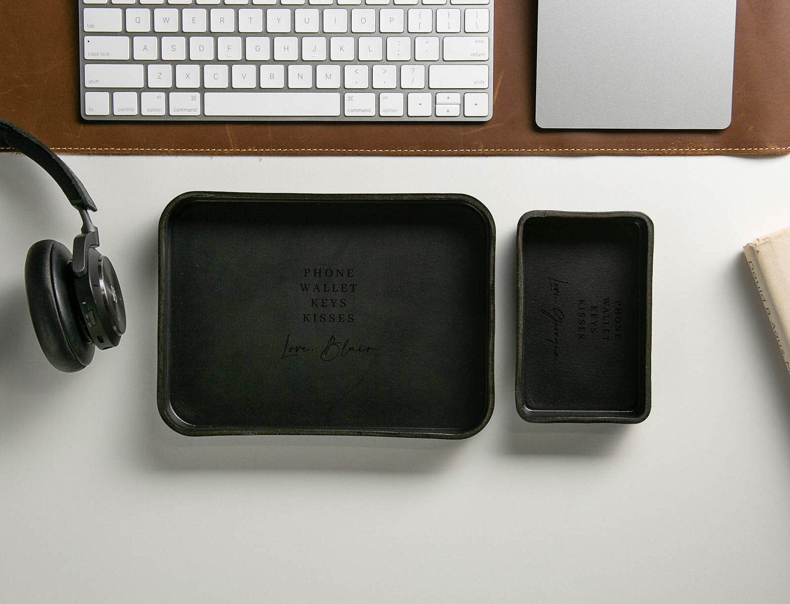 Vegetable Tanned Hard Leather Valet (design 6) - Personalized Catchall Tray, Anniversary Gift for Him, Gift for Dad, Nightstand Organizer