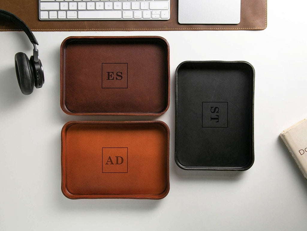 Vegetable tanned hard leather valet (design 7) - engraved monogram edc tray for men groomsmen dad husband boyfriend gift for wedding 