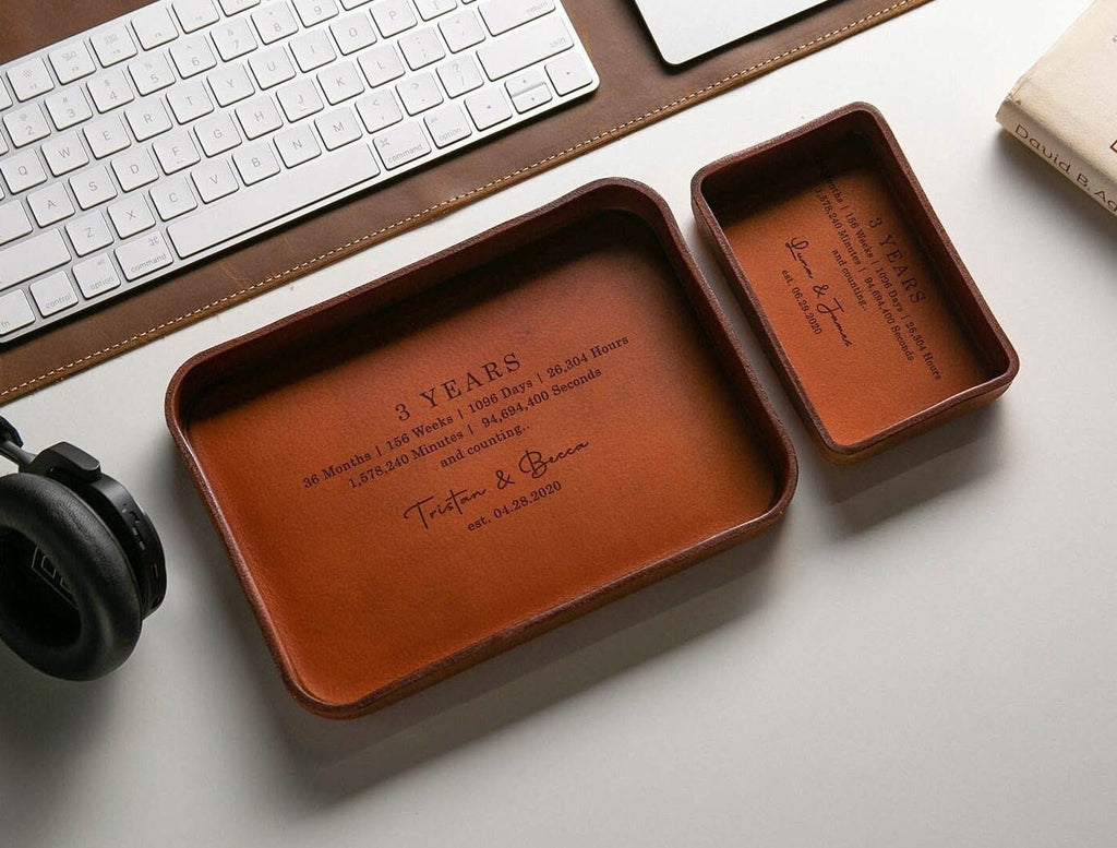 Vegetable tanned hard leather valet (design 4) - custom engraved tray, personalized leather gift, 3 year anniversary boyfriend husband dad